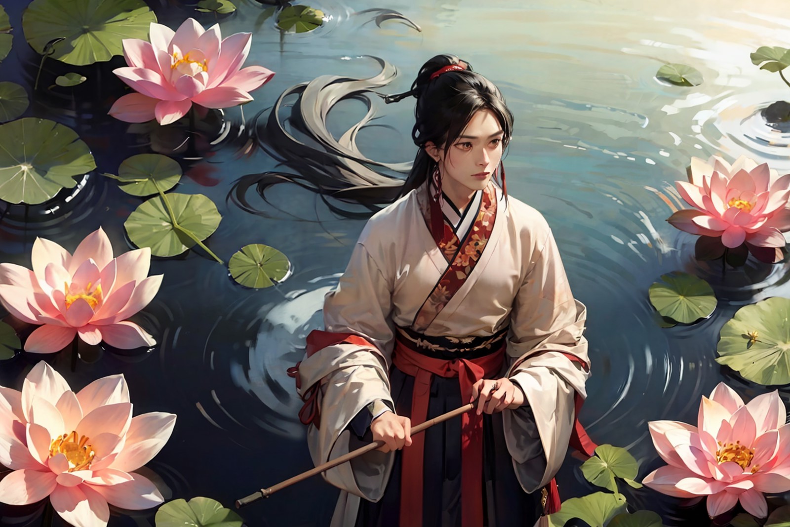 masterpiece, best quality, <lora:hanfu:1>,hanfukozue, umbrella, long hair, solo, holding umbrella, male focus, flower, bla...
